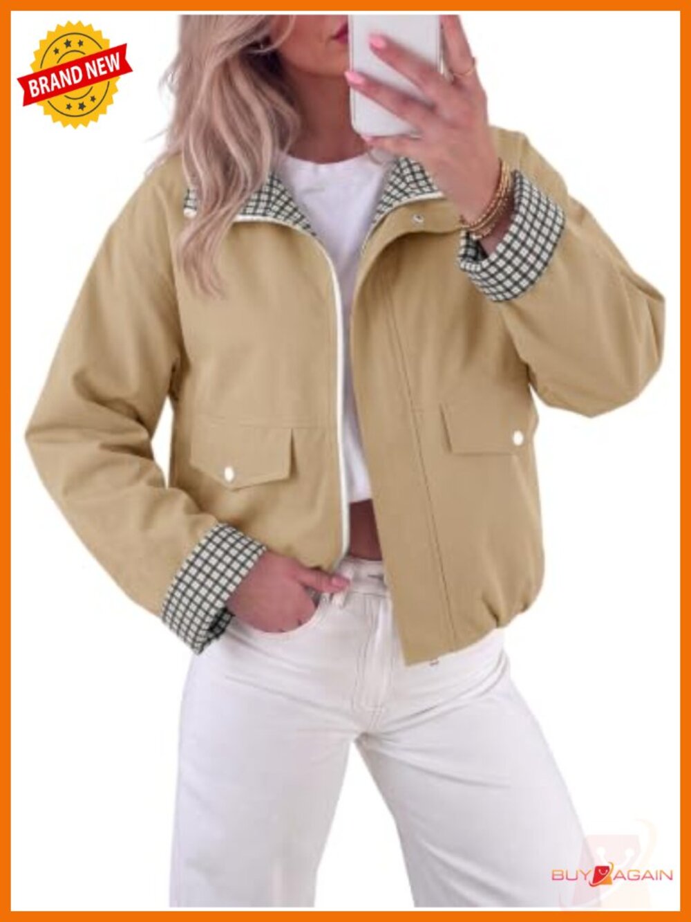 Womens Cropped Bomber Jacket Plaid Lined Lightweight Casual Fall